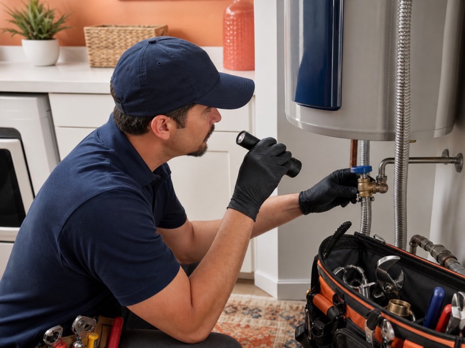 Plumber inspecting a residential water heater